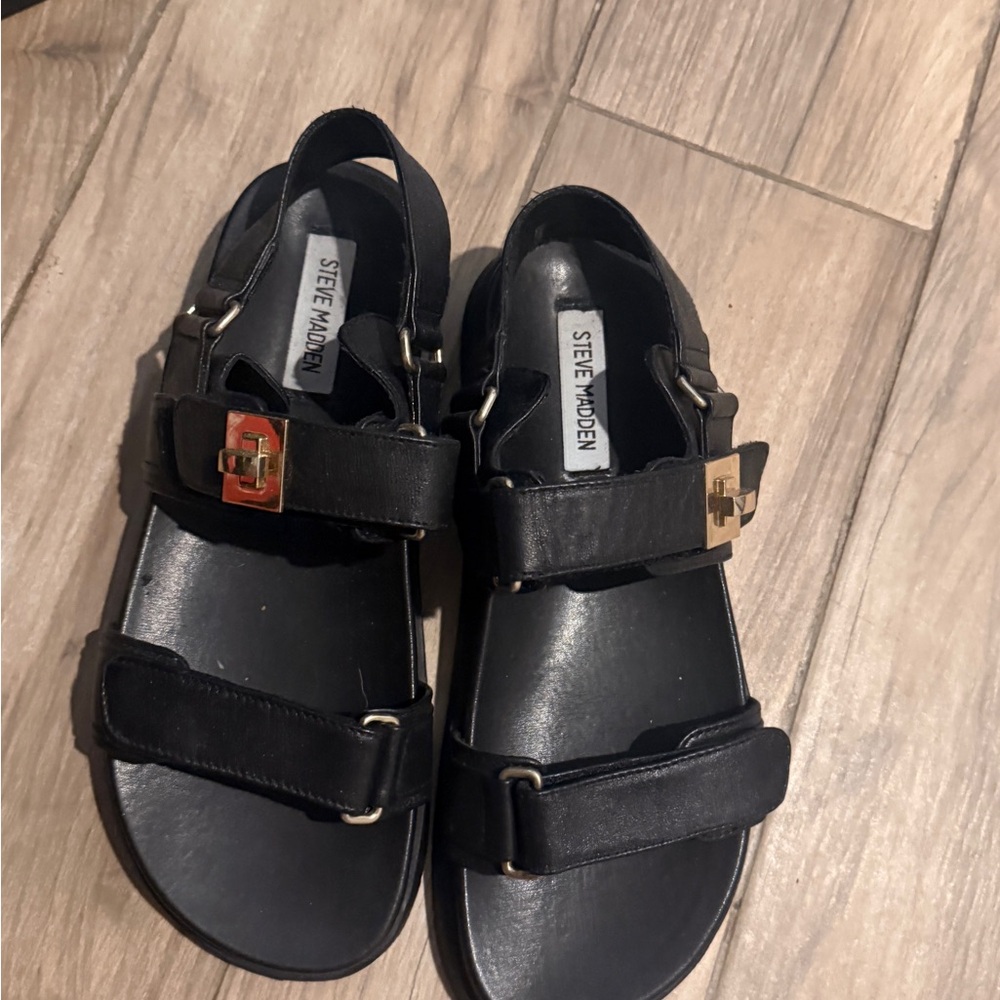 Steve Madden Kids Black Sandals with Gold Buckle